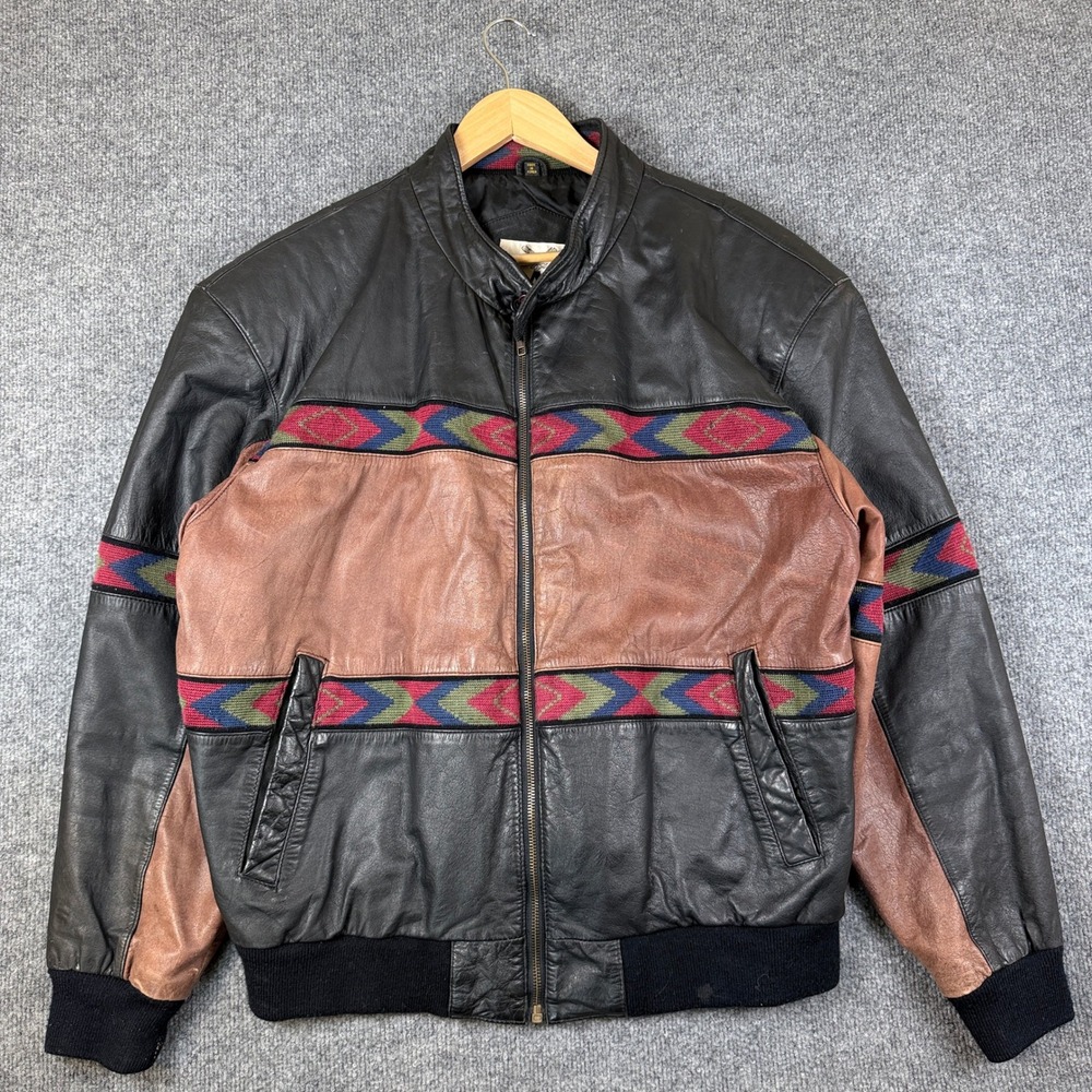 Vintage LA-1 by Adler Leather Jacket Mens L Black Brown Leather Zip Aztec 90s